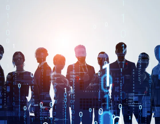 Grupo de personas en silueta con gráficos digitales y códigos binarios representando inteligencia artificial y tecnología